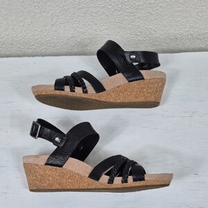 UGG Serinda Black Leather Cork Heel Wedge Sandals US 8.5